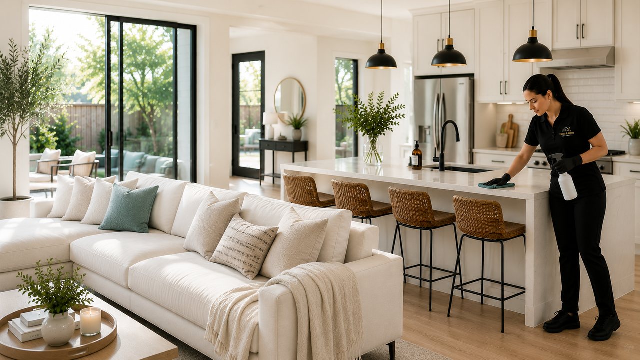A Grace and Shine professional in a black uniform cleaning the kitchen island of a bright, modern open-plan Austin home with a white sofa and natural light