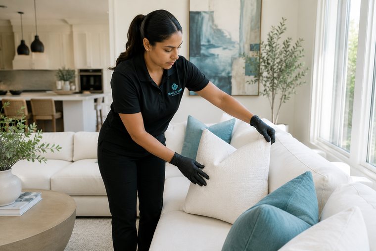 A Grace and Shine team member in a black branded uniform and nitrile gloves fluffing a cushion on a white sectional sofa in a bright, modern Austin living room